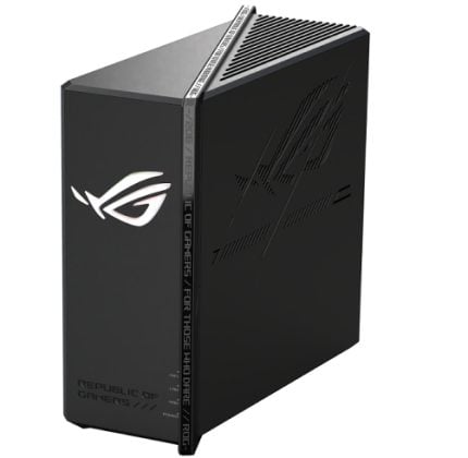 Black Republic of Gamers desktop tower with side vent pattern, ROG logo on the front, and a silver belt-like strap around the middle.