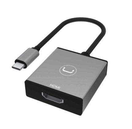 USB-C to HDMI video adapter with an HDMI port on a small silver-gray housing.
