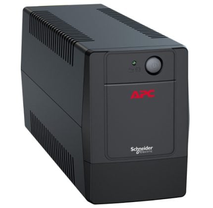 Black APC Schneider Electric uninterruptible power supply (UPS) tower with a round power button and logo on the front panel.