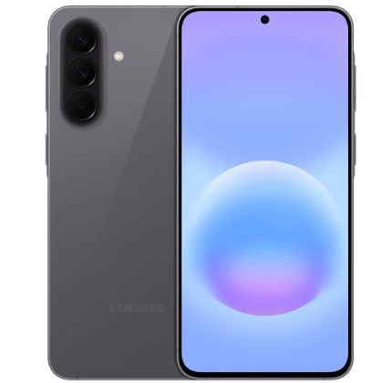 Samsung Galaxy smartphone shown from back and front in gray, with a vertical triple-camera module and a blue gradient wallpaper on the screen.