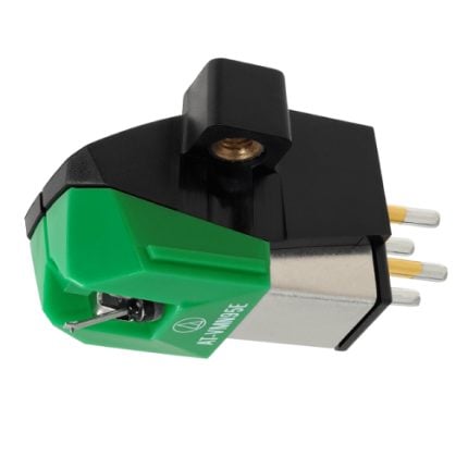 Turntable phono cartridge with a green housing and a metal stylus tip