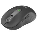 Logitech wireless mouse in dark gray with ergonomic shape, scroll wheel, and green status light.
