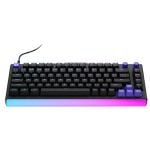 Black wired mechanical keyboard with multicolor RGB underglow and purple accent keys on a white background