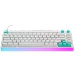White mechanical keyboard with pastel blue and pink accent keys and a gradient LED underglow along the bottom edge.