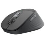 Black wireless computer mouse with scroll wheel and two side buttons, shown at an angled view with a green LED indicator