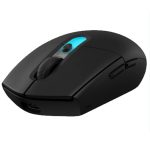 Black wireless computer mouse with a blue-illuminated scroll wheel and side buttons