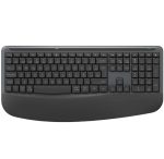 Black wireless keyboard with a long curved built-in wrist rest and full set of keys.