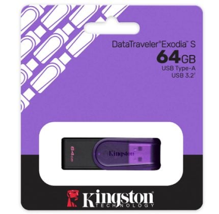 Kingston DataTraveler Exodia S 64GB USB 3.2 flash drive in purple translucent cap, packaged in purple and black card.