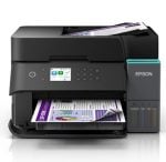 Black Epson inkjet printer with control panel and visible color cartridge area, printing a purple brochure.