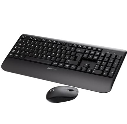 Black wireless keyboard with a curved palm rest and a matching wireless mouse on a white background.