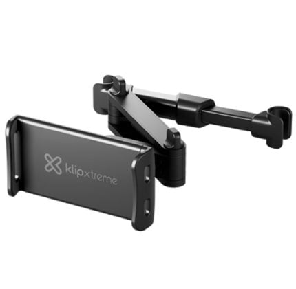 Black adjustable smartphone mount with clamp-style arm and extendable support, branded Klipxtreme, for hands-free viewing and secure phone placement.