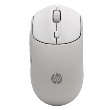 Top-down view of a white HP wireless computer mouse with a scroll wheel in the center.