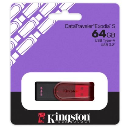 Kingston DataTraveler Exodia S 64GB USB Type-A flash drive in purple packaging with white cutout window and Kingston logo at bottom