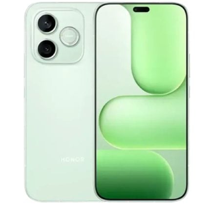 Light green smartphone shown from back and front, featuring a dual-camera module with flash on the rear and a punch-hole front camera at the top center on a green wallpaper display.