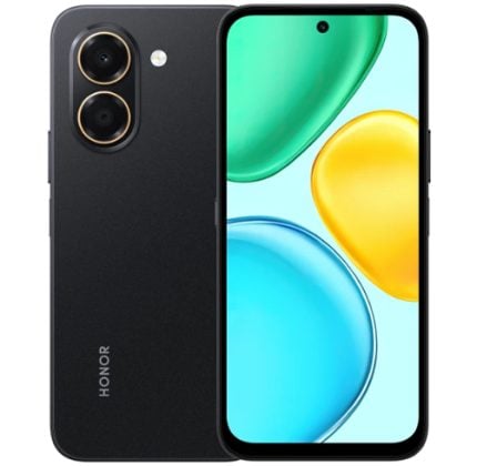 Honor smartphone shown from back and front: black finish with a vertical dual-camera module featuring gold rings and a rear 'HONOR' logo, next to a full-screen display with a centered punch-hole selfie camera.