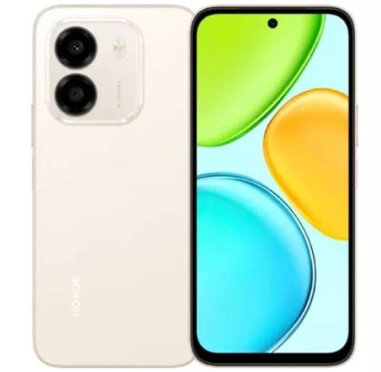 Beige Honor smartphone shown from back and front: dual-camera module on the back; front display with bright, abstract wallpaper.