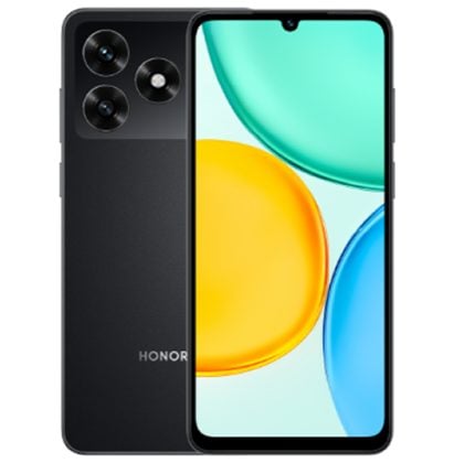Honor smartphone viewed from back with a triple-camera module and a front display showing colorful abstract wallpaper on a black finish.