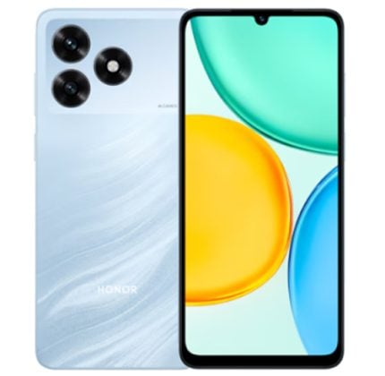 Front and back view of a blue Honor smartphone with a triple-camera module on the rear and a full-screen display on the front.