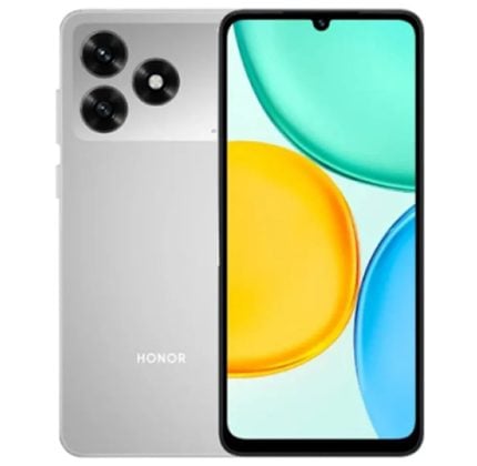 Front and back view of a silver Honor smartphone: back shows a triple-camera module in the top-left corner and 'HONOR' branding; front displays an edge-to-edge screen with a small notch at the top.