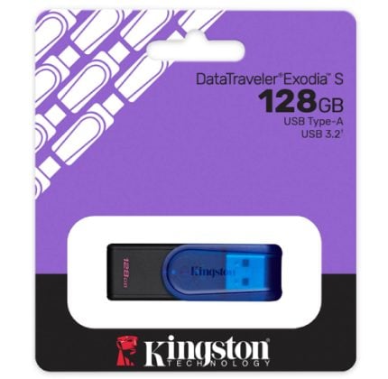Packaging for Kingston DataTraveler Exodia S 128GB USB Type-A flash drive; blue USB drive visible in a white window, Kingston logo at bottom.