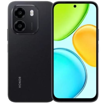 Black Honor smartphone shown from back and front: rear dual-camera module with flash and 'HONOR' logo, and a large vibrant display on the front.