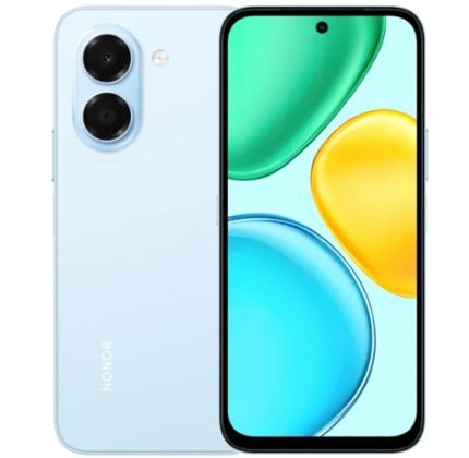 Blue Honor smartphone shown from back and front, featuring a dual-camera module and edge-to-edge display.