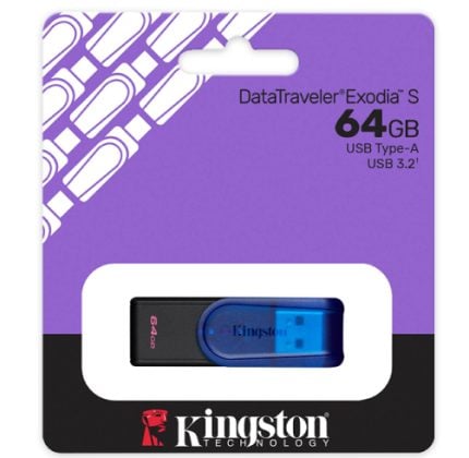 Kingston DataTraveler Exodia S 64GB USB Type-A flash drive in purple and black retail packaging with a blue connector visible
