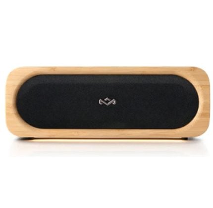 Wooden-framed wireless speaker with a black front grille and a small central logo.