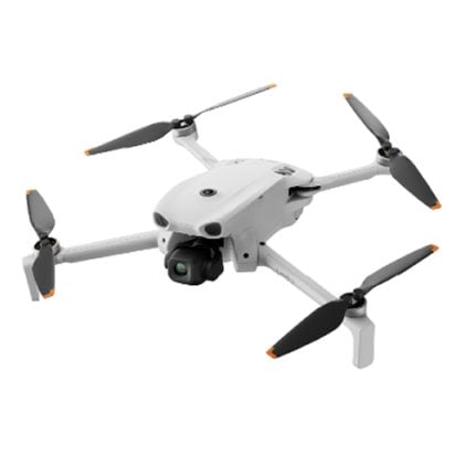 White quadcopter drone with a front-facing camera, four propellers with orange tips, and a compact white body.