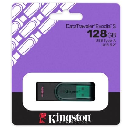 Kingston DataTraveler Exodia USB flash drive, 128 GB, visible in a purple-black packaging with a white window displaying the black-and-green drive.