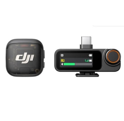 DJI wireless microphone case and the compact receiver with a screen and orange dial for controls.