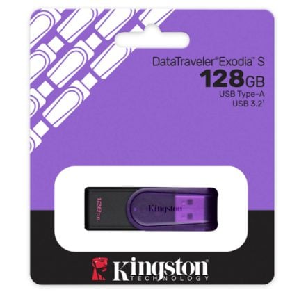 Kingston DataTraveler Exodia S 128GB USB Type-A flash drive in purple and black packaging
