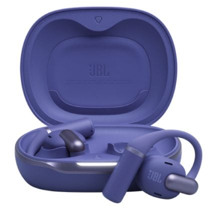 Purple JBL true wireless earbuds in an open charging case, with earbuds resting inside.