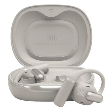 White JBL true wireless earphones in an open charging case.