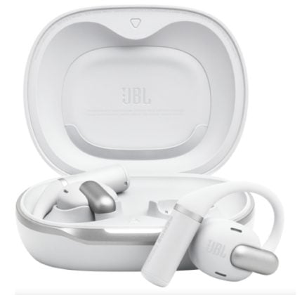 White true wireless earbuds in an open charging case with a JBL logo on a white background