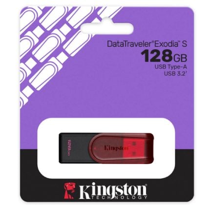 Kingston DataTraveler Exodia 128GB USB packaging; purple gradient with white window revealing the red USB drive.