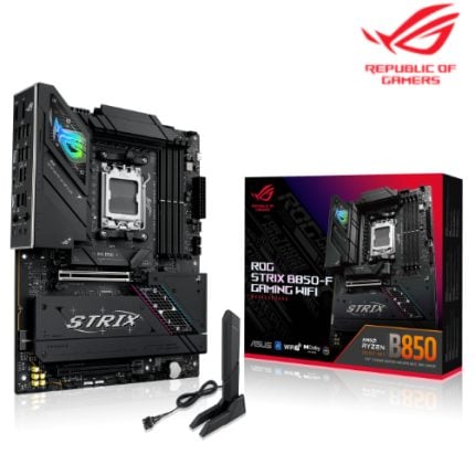 ASUS ROG STRIX B850-F Gaming WiFi motherboard with two external antennas and its packaging box beside it.