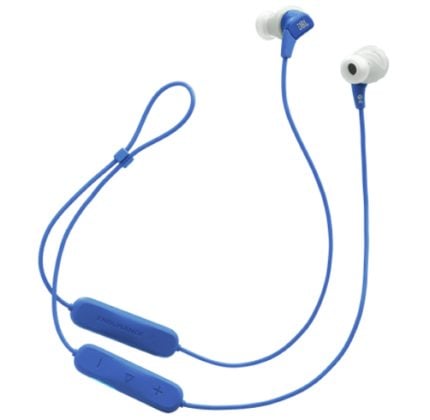 Blue wireless in-ear headphones with inline remote and mic on a corded neckband design.