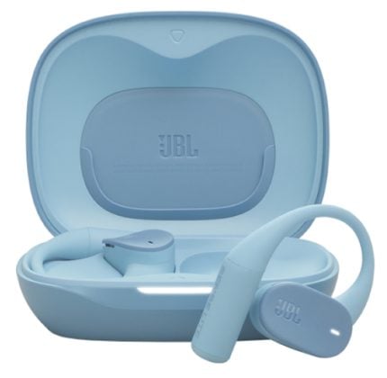 Blue JBL true wireless earbuds with their open charging case, with one earbud resting outside the case