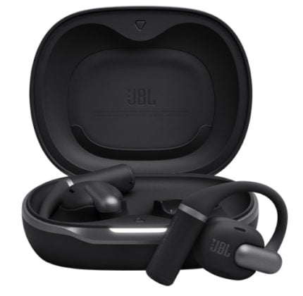 Open black JBL charging case with two wireless earbuds inside and a neckband accessory resting beside the case.
