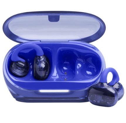 Blue JBL true wireless earbuds in an open blue charging case, one earbud outside the case.