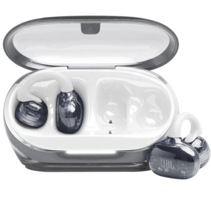 True wireless earbuds with a charging case open, showing white and dark gray earbuds inside; JBL branding on the outside earbud.