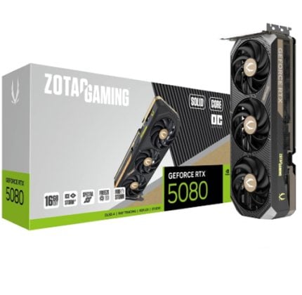 ZOTAC GAMING GeForce RTX 5080 graphics card with three fans beside its retail box.