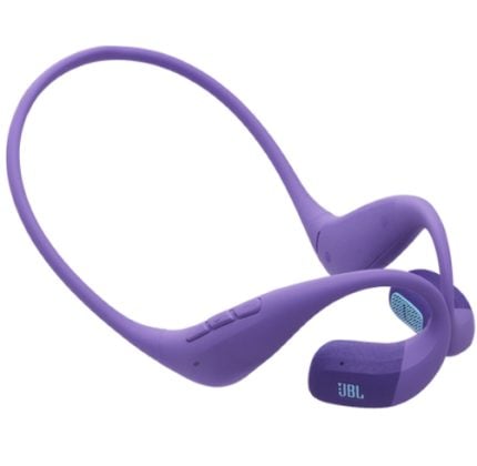 Purple JBL wireless neckband headphones with curved neckband and in-ear buds hanging at the sides.