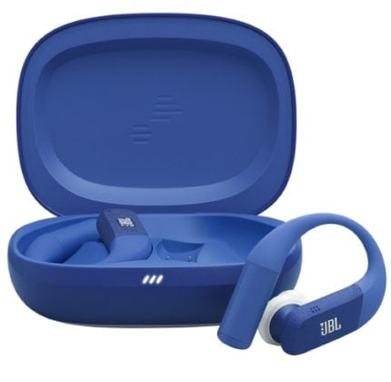 Blue JBL wireless earbuds with open matching charging case, showing the earbuds inside and one resting outside.