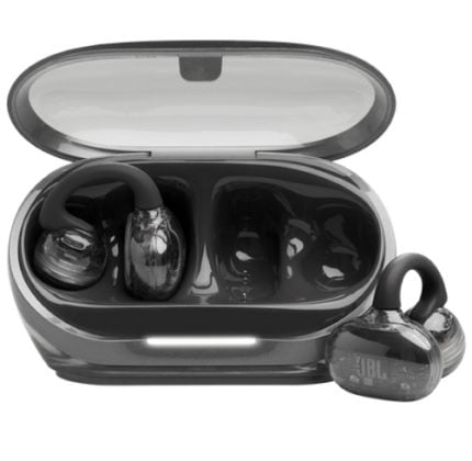 Open JBL wireless earbud charging case with earbuds inside; one earbud sits outside the case.