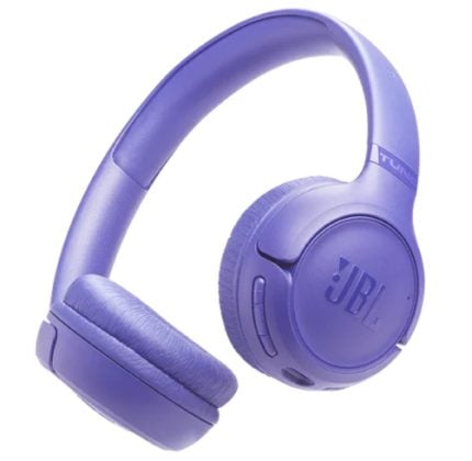 Purple JBL over-ear wireless headphones facing left, with cushioned ear cups and headband visible