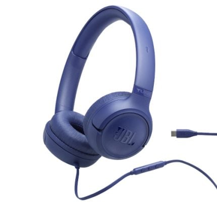 Blue JBL over-ear headphones with cushioned ear cups and connected audio cable, USB-C end visible