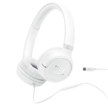 White over-ear JBL headphones with cushioned ear pads and a wired cable attached.