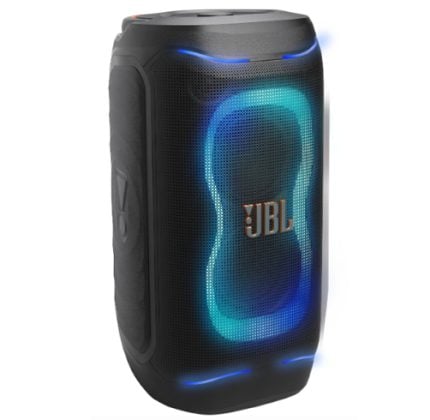 Black JBL portable Bluetooth speaker with blue LED accents glowing on the front.